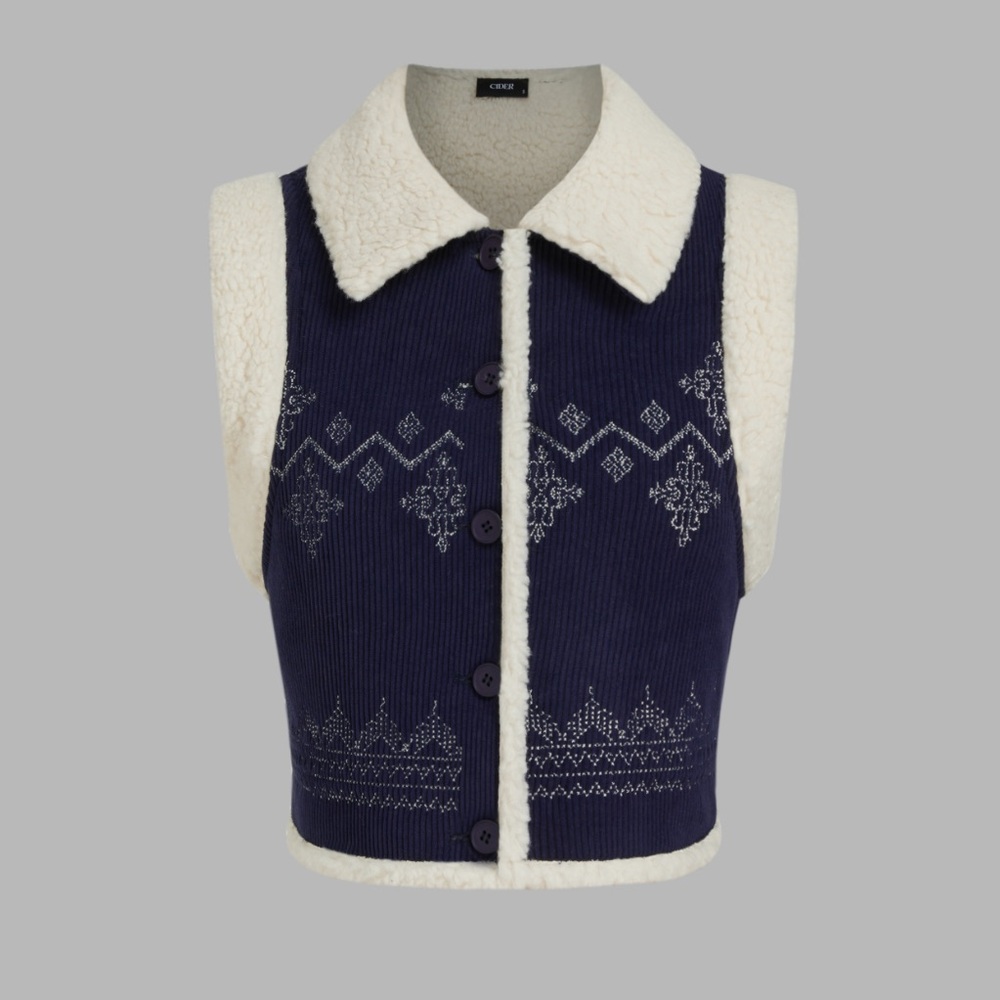 Cider Navy Blue and Cream Graphic Corduroy and Sherpa Cropped Vest
